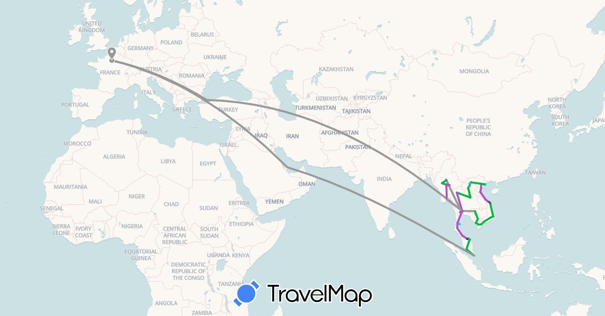 TravelMap itinerary: driving, bus, plane, train, boat, motorbike, mini van in France, Cambodia, Laos, Myanmar (Burma), Malaysia, Qatar, Singapore, Thailand, Turkey, Vietnam (Asia, Europe)